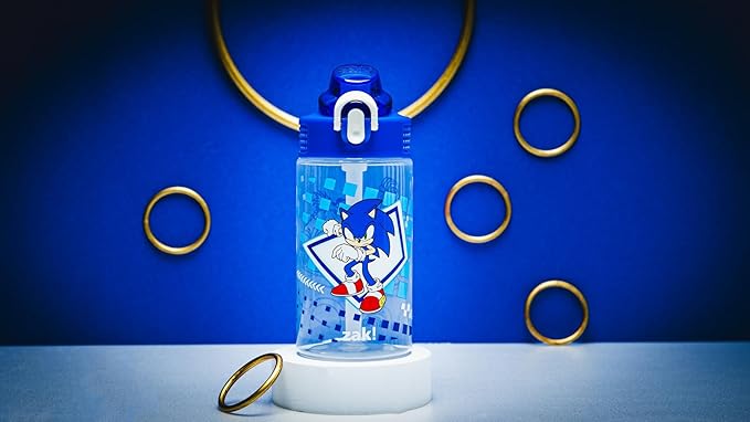 Zak Designs Sonic the Hedgehog Sage Water Bottle For School or Travel, 16oz Durable Plastic Water Bottle With Straw, Handle, and Leak-Proof, Pop-Up Spout Cover (Sonic, Eggman)