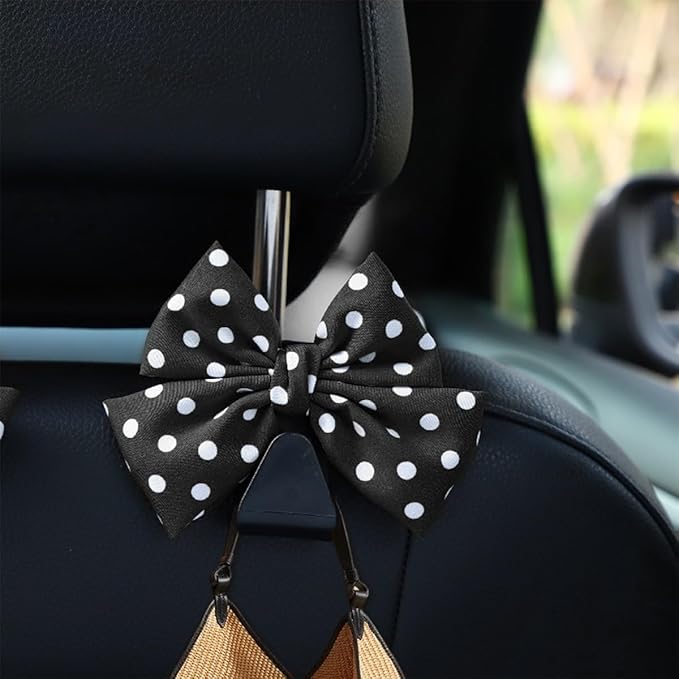 Mandark 2PCS Car Seat Hooks - Cute Bow Vehicle Hooks for Purses & Bags, Universal for SUV, Sedan, Truck (Black/Polka Dot)
