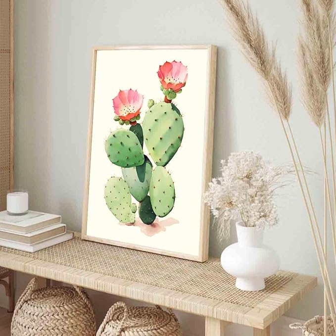 Cactus Flower Poster Western Desert Wall Art Pink Flower Painting Watercolor Flowers Picture Botanical Floral Prints Mexican Desert Art Abstract Cactus Canvas Living Room Decor 16x24inch No Frame