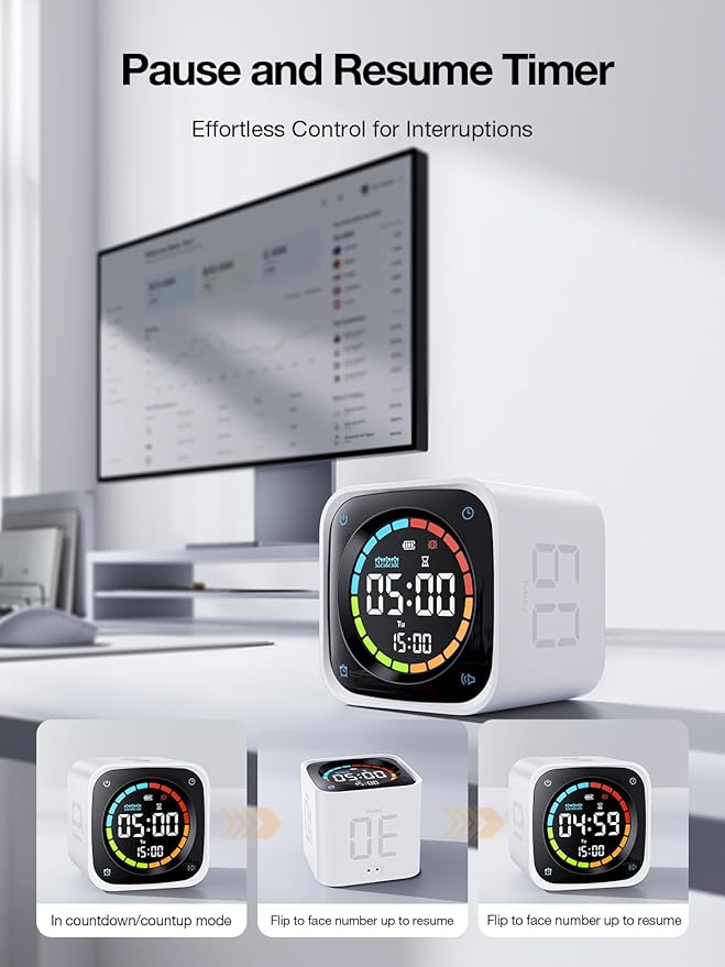 TK3 Pomodoro Timer Cube, Desk Productivity Timer with 5/10/30/60 Min Presets, Custom Countdown, Stopwatch, Clock, 3 Alarm, Silent, Vibrate & Sound Alert, for Task, ADHD, Study, Kitchen, White