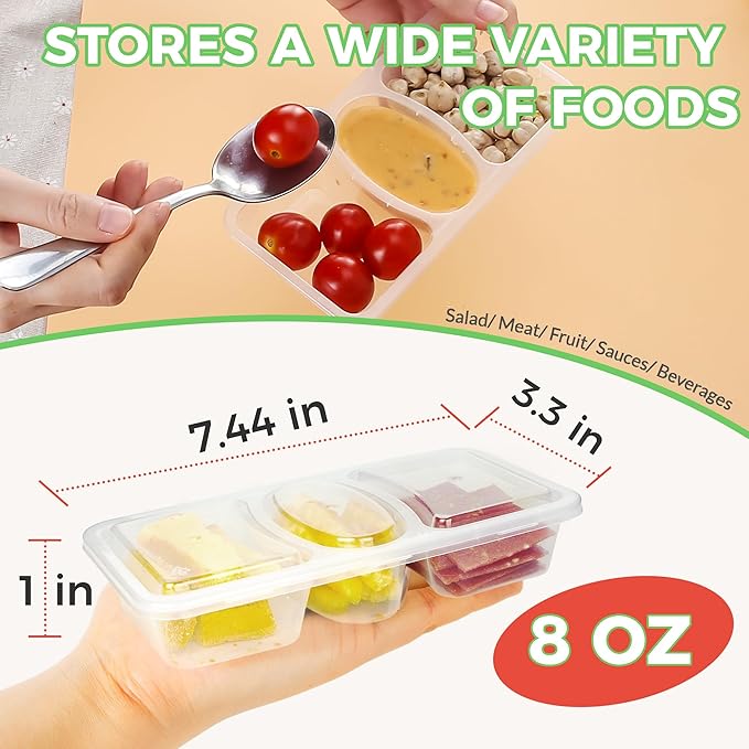 MACTANO 8 OZ Reusable Snack Containers with Lids, New 3 Compartment Condiment Snack Pack Containers 40 Sets