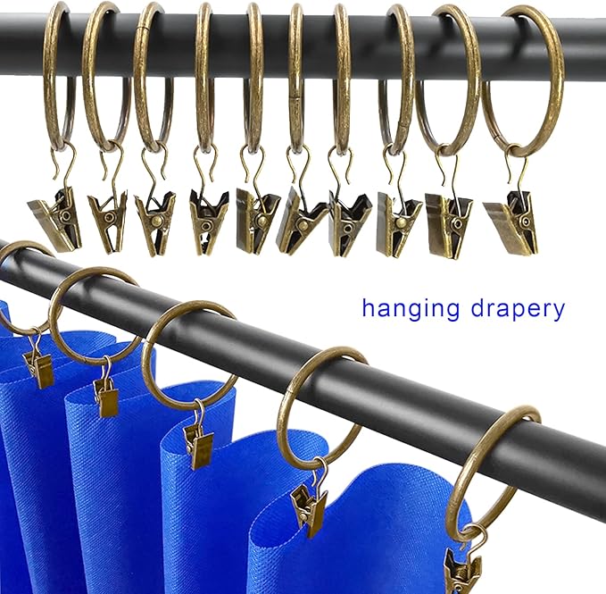 60 Pack Metal Curtain Rings with Clips, Curtain Clip Rings Hooks for Hanging Drapery Drapes Bows, Curtain Rod Rings 1.5 inch Interior Diameter, Bronze