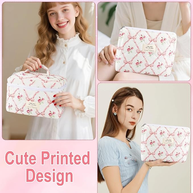 2Pcs Cotton Quilted Makeup Bag for Women Girls, Large Small Travel Floral Cosmetic Bags Set, Cute Coquette Pink Makeup Pouch for Purse, Aesthetic Cloth Flower Storage Toiletry Bag Organizer