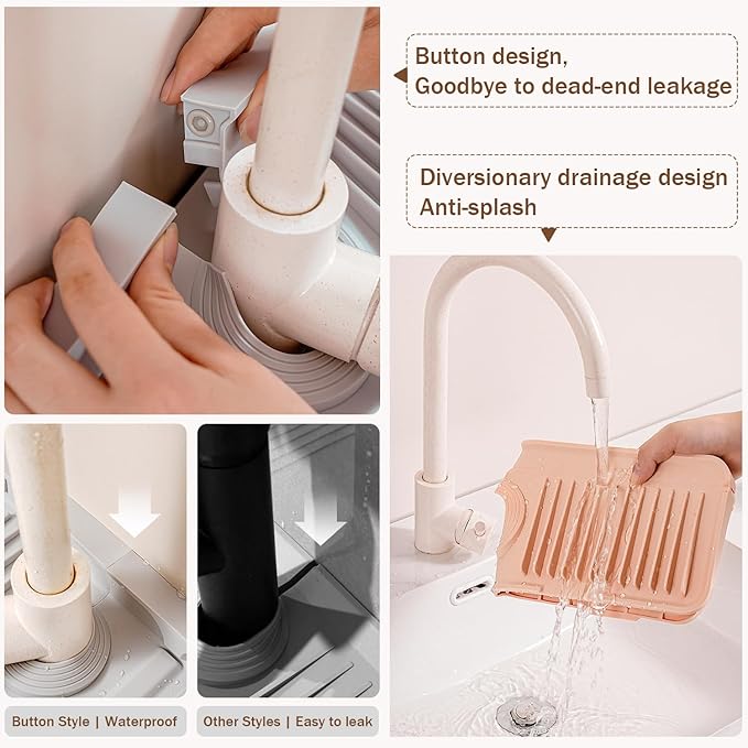 Longer Silicone Faucet Mat for Kitchen Sink – Button Style Faucet Drip Catcher & Leak-Proof Sink Splash Guard with 6° Slope, Behind Faucet Draining Mat, Gadgets for Bathroom (black, small)