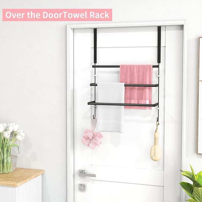 Over The Door Towel Rack, Towel Rack with Hooks for Door Hanging, Door Towel Bar, Over Door Towel Racks for Bathroom (Black)