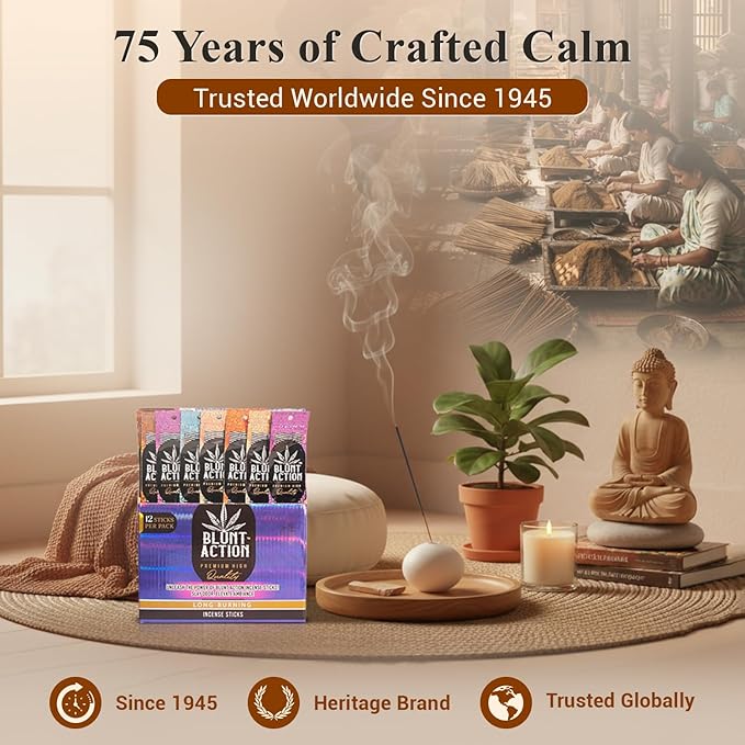 Tulasi Blunt Action Incense Sticks, 12 Packs, 144Pc, Long Lasting Fragrance, Natural Essential Oils Hand Rolled Incense Sticks for Aromatherapy, Relaxing, Yoga, Meditation, Prayer, Thanks Giving