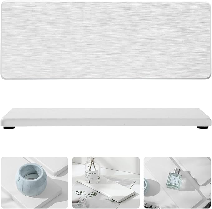 Razborci 2PCS Bathroom Sink Trays, Water Absorbing Diatomite Stone Quick Drying Mat for Kitchen Counter, Dish Rack Soap Dispenser Sponge Holder Caddy Vanity Organizer, White, 9"x3.5"