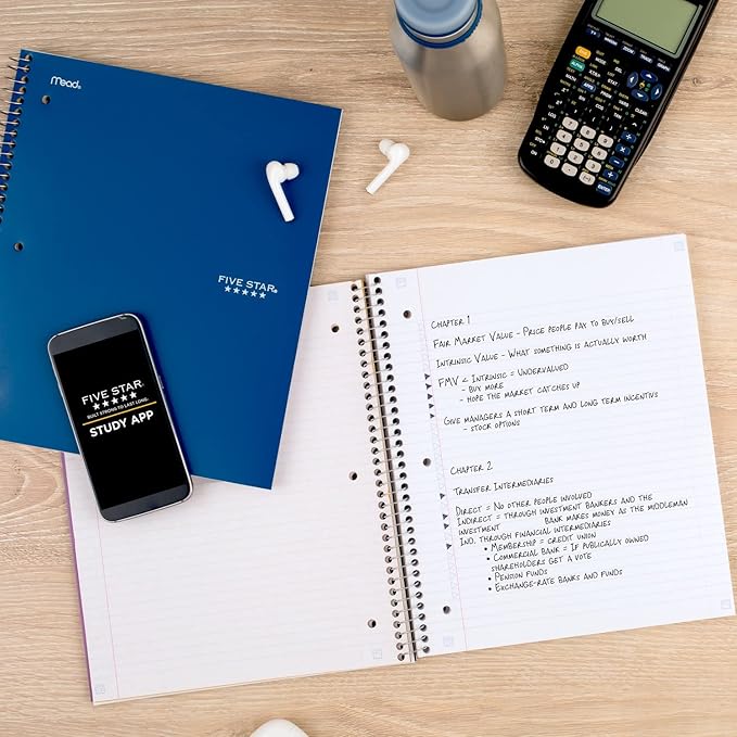 Five Star Spiral Notebook + Study App, 5 Subject, College Ruled Paper, 8-1/2" x 11", Fights Ink Bleed, Water Resistant Cover, Pacific Blue (73635), 200 Sheets (Pack of 2)
