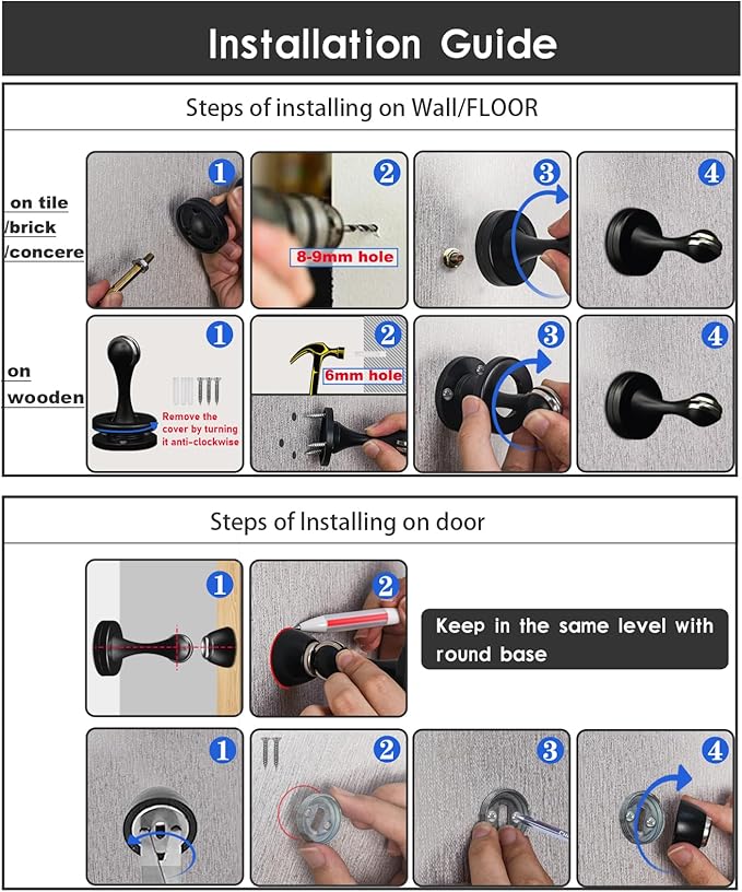 KOLAKO Door Stopper, Magnetic Door Stops, Brushed Satin, 2 Pack Black Magnetic Door Catch Holder to Keep Door Open, Stainless Steel Wall Floor Mounted Doorstop Without Adhesive Tape