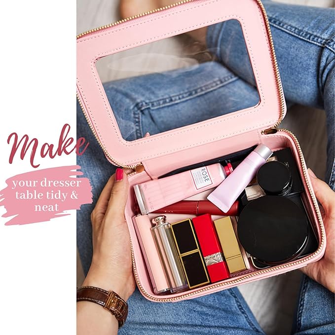 Aveniee Clear Makeup Bag Organizer Set, Portable Travel Toiletry Case for Women, Vegan Leather Cosmetic Pouch Car Bag for Essentials 2pcs, Middle & Large, Pink