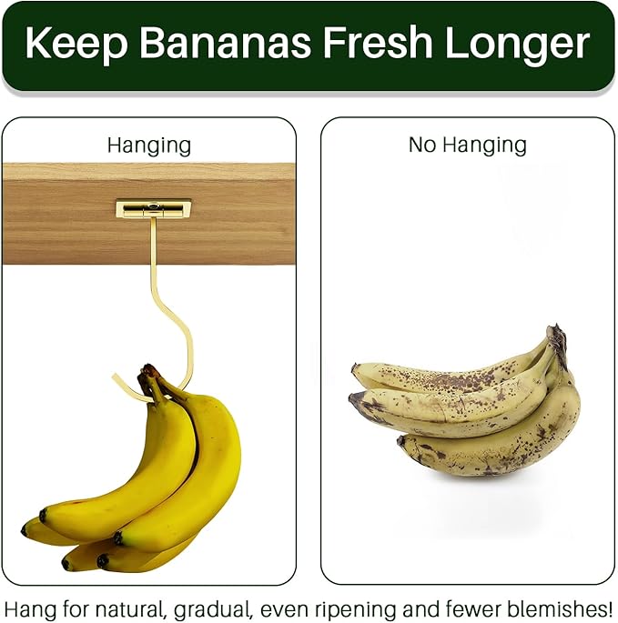 Under Cabinet Banana Hook Adhesive: Foldable Banana Hanger, Gold Metal Banana Holder for Kitchen & RV, Space-Saving Design, Folding with Magnets When Not in Use, Keep Bananas Fresh