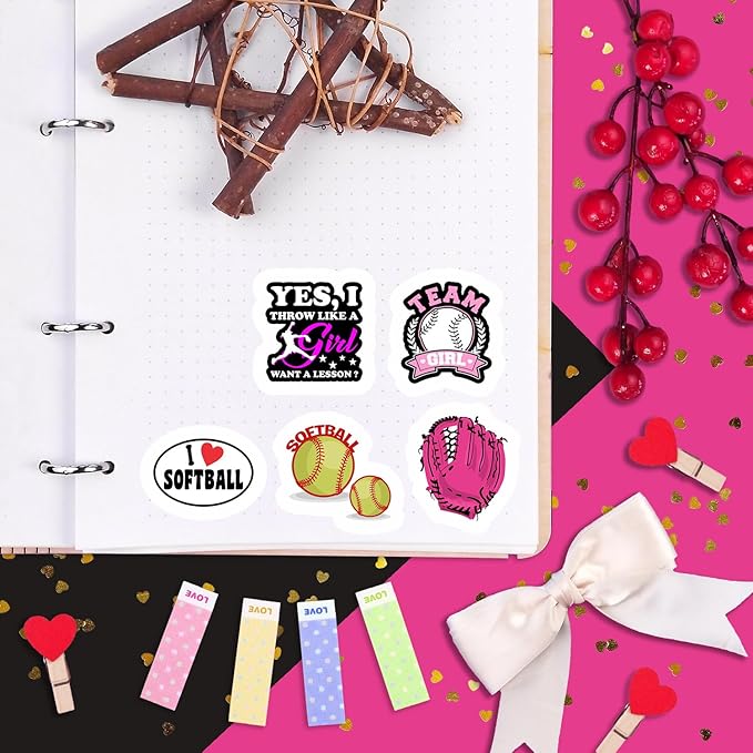 BulbaCraft 100Pcs Softball Stickers for Girls for Water Bottle and Laptop - Softball Party Favors & Decorations, Waterproof Vinyl Decals, Sports and Athlete Stickers, Gifts for Women & Men