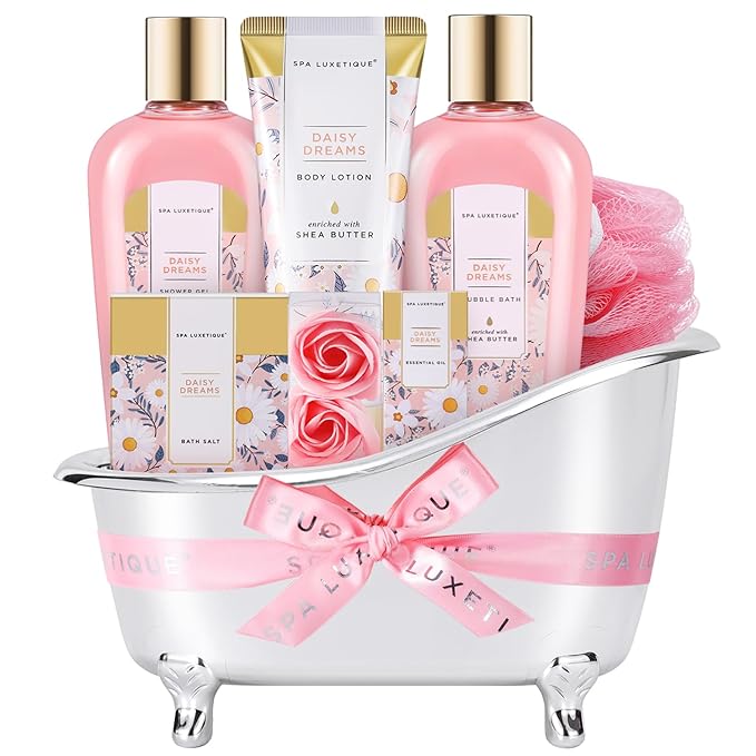 Self Care Gifts for Women, Spa Luxetique Bath and Body Gift Set, 8pcs Daisy Gift Baskets for Women with Bubble Bath, Lotion, Mothers Day Gifts for Mom