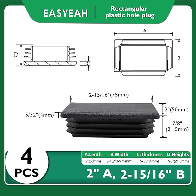 EASYEAH 2" x 2-15/16"Plastic Hole Plugs Black -Rectangle Chair Leg Caps & Pipe Plugs, Tubing End Caps for Metal and Wood Legs, Outdoor Furniture Feet Table Patio Glide Floor Plastic Plugs, 4 PCS