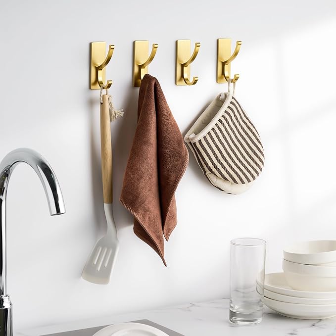 pickpiff Adhesive Wall Hooks with Strip - No Residue, Easy to Remove, Strong Heavy Duty Sticky Towel Hook, 8 Pack Brushed Gold