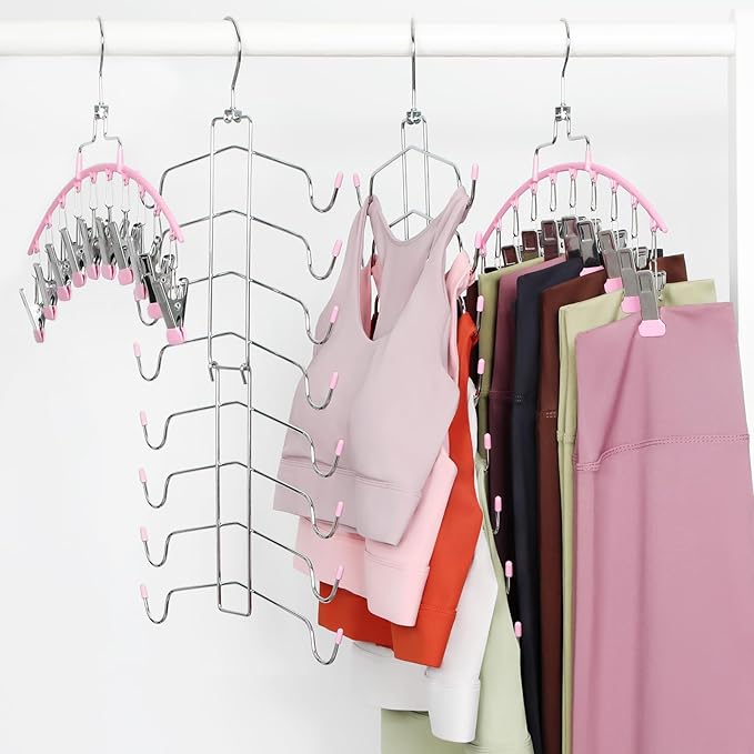 TOPIA HANGER 4 Pack Gym Clothes Organizer, 2 Pack Tank Top Hangers with 2 Pack Leggings Hangers Space Saving Hang 20 Sets Tank Top Bra with Leggings Shorts Pants for Closet Women Pink CT78P