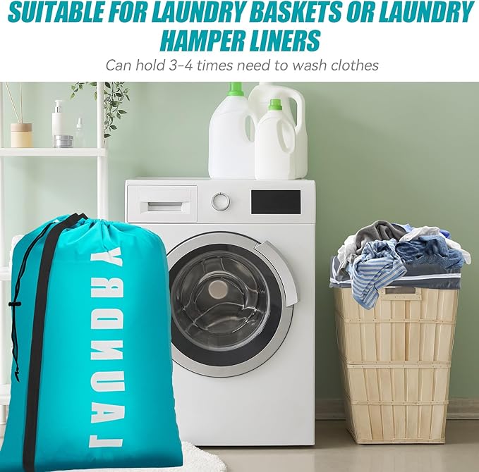 Isink Heavy Duty Laundry Bag with Strap, 2 Pack Travel Laundry Bags for Dirty Clothes, 24" x 36" Large Laundry Bag for Traveling, Camping, Dorm (Cyan + Gray)