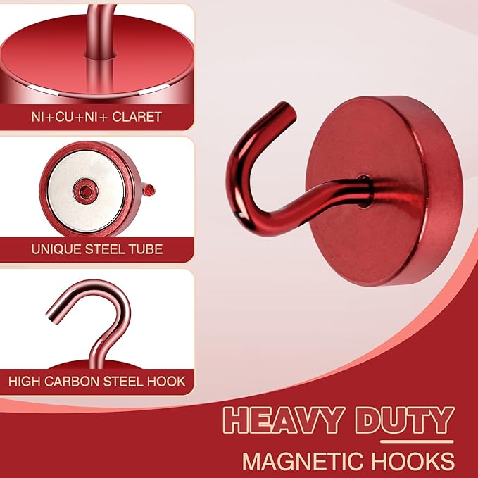 Neosmuk Magnetic Hooks, Cruise Ship Essentials, 80lb+ Heavy Duty Magnetic Hooks for Cruise Cabins, Refrigerators, Grills, Hanging, and Travel | Extra Strong Must-Have Magnet Hooks, Red