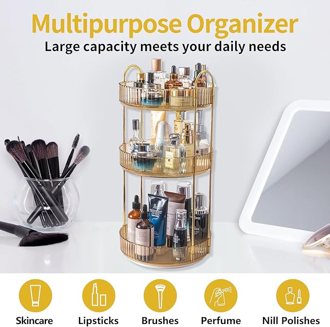 360 Rotating Makeup Organizer for Vanity, 3 Tier Large Capacity Vanity Storage, Skincare Perfume Spinning Organizer, Bathroom Cosmetics Storage Makeup Stand Organizer (Gold-3 Tier)