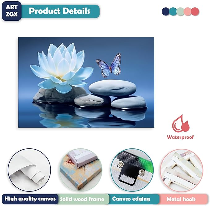 ARTZGX Blue Zen Wall Art Lotus Flower Canvas Spa Stone Pictures for Bathroom Wall Decor Meditation Butterfly Painting Frame(Zen - A 24.00" x 36.00")
