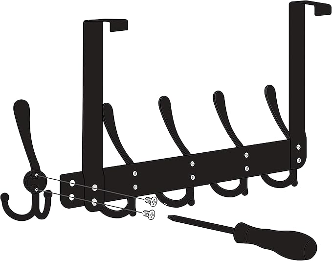 SKOLOO Over The Door Hook - for Doors up to 1-3/4'' Thickness, Pack of 2, Metal Door Hanger with 5 Triple Hooks, Over The Door Hanger for Coats, Hats,Towels, Silver, Assembly Required