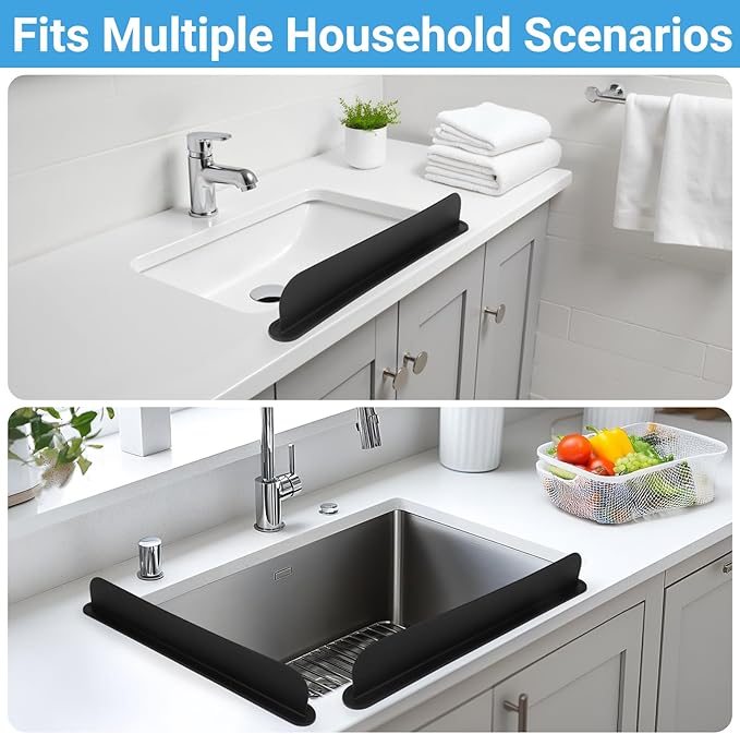 AIZOE 19.29 inch Sink Water Splash Guard, Silicone Sink Splash Guard, Backsplash Protector for Kitchen Countertop & Bathroom Bathtub with Non-Slip Strong Suction, Black, Pack of 2