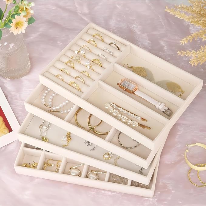 Cirhy Velvet Jewelry Drawer Organizer Trays – Stackable Jewelry Trays for Drawers, Set of 4 Jewelry Organizer for Drawer Inserts, Display Storage Box for Earrings, Rings, Necklaces, Bracelets