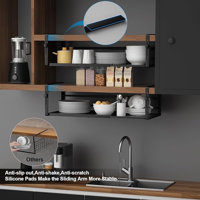 AmonHouseware 2-Pack Under-Shelf Baskets, Adjustable Hanging Under Cabinet Shelf Storage, Length Stretchable 14.9-22.6 Inches for Kitchen Pantry Desk Counter Bookshelf Cupboard (Black)