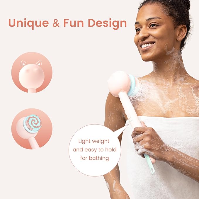 Electric Back Scrubber for Shower Body Brush, Waterproof Shower Body Scrubber for Cleansing, Massaging, Rechargeable Bath Brush for Kids & Adults with 2 Heads & 3 Speed Modes, Berry Pink XY0