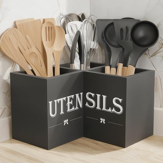 Suli Extra Large Kitchen Utensils Holder with 3 Compartments, Corner Utensil Caddy for Countertop, Wooden Utensil Organizer for Kitchen Countertop, Farmhouse Decor - Black