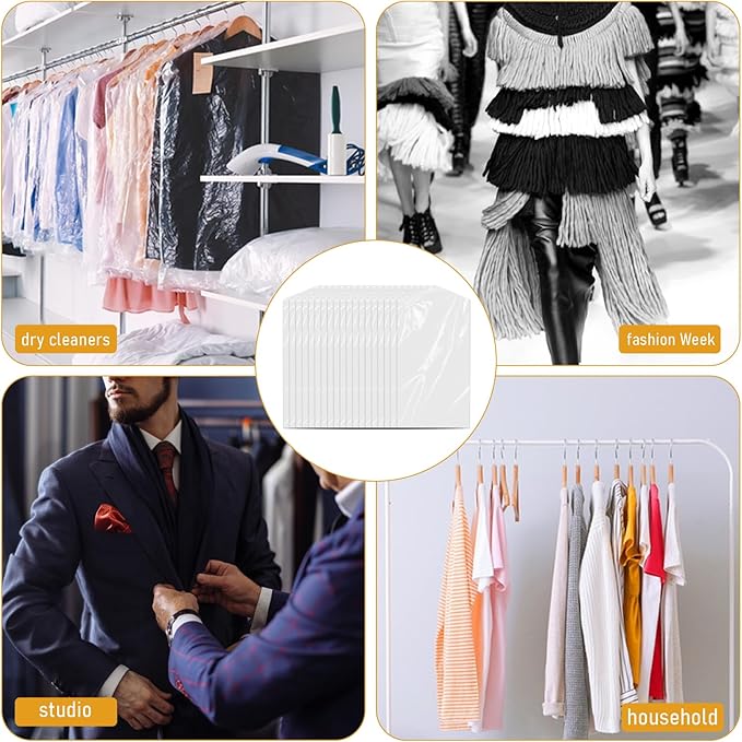 20 Pack Clear Clothes Covers for Hanging Garment Plastic Suit Bags Dry Cleaning Bags Transparent Dust-proof Garment Covers for Dry Cleaner, Home Storage, Travel (60 x 100cm)