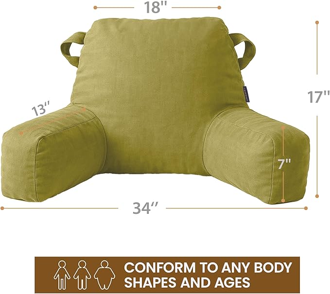 Portable Comfy Reading Pillows for Bed Sitting Up(Pale Green Oeko-Tex), Velvet Back Pillow with Arms & Pockets for Adults, Support Memory Foam Bed Pillow for Dorm/Reading/Watching/Gaming