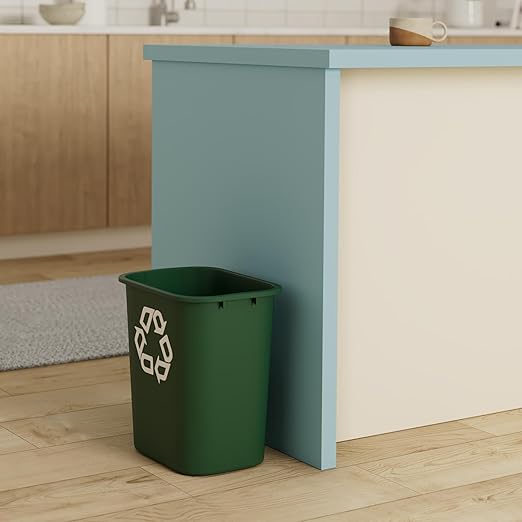 Rubbermaid Commercial Products Resin Deskside Recycling Can, 7-Gallon, Green Recycling Symbol, Plastic, for Bedroom/Bathroom/Office, Fits Under Desk/Sink/Cabinet