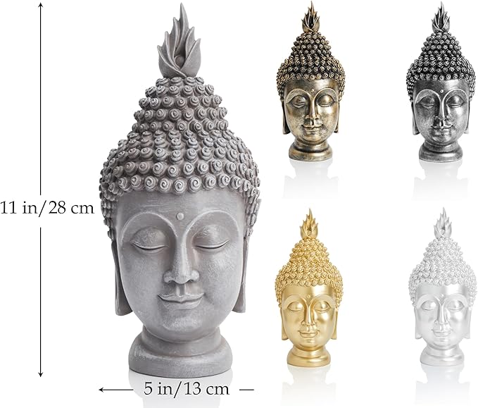 Buddha Head Statue Zen Meditation Decoration, 11 inch Resin Stone Gray Buddha Head Statue for Buddhist Spiritual Altar Decoration Buddhism Gifts