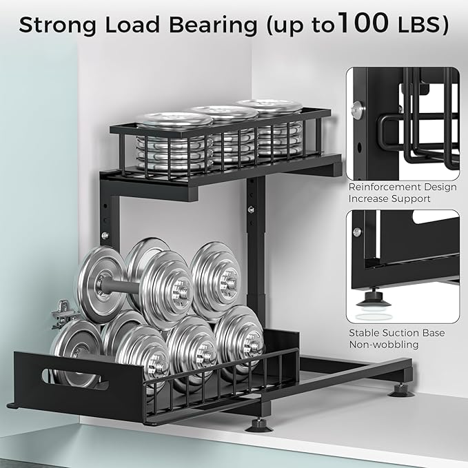 Saydear Under Sink Organizer, 2-Tier Premium Metal Pull-Out Racks with Adjustable Height, Heavy Duty Sliding Bin for Bathroom and Kitchen Cabinet Storage, Rust Resistant 2 Pack Black