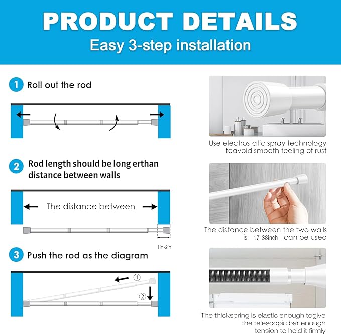 1 Pack Spring Tension Rods 17-38IN, 5/8 Inch Diameter White No Drill Spring Loaded Adjustable Extendable, Small Short Tension Curtain Rod for Windows Kitchen Doorway Closet Cupboard