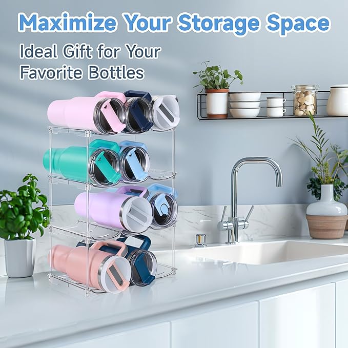 Stackable Water Bottle Organizer for Stanley 40 oz Tumbler, Water Bottle Holder for Cabinet, Pantry Kitchen Organizers and Storage for Stanley Cup Accessories, Tumbler Organizer and Wine Rack, 4-Pack