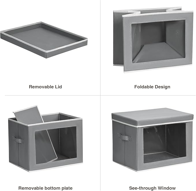 Storage Bins, Storage Baskets for Shelves with Window, Fabric Storage Bins with Handle, Foldable Storage Cubes Boxes for Organizing for Clothes, Towels, Books, 3 Pack, Grey