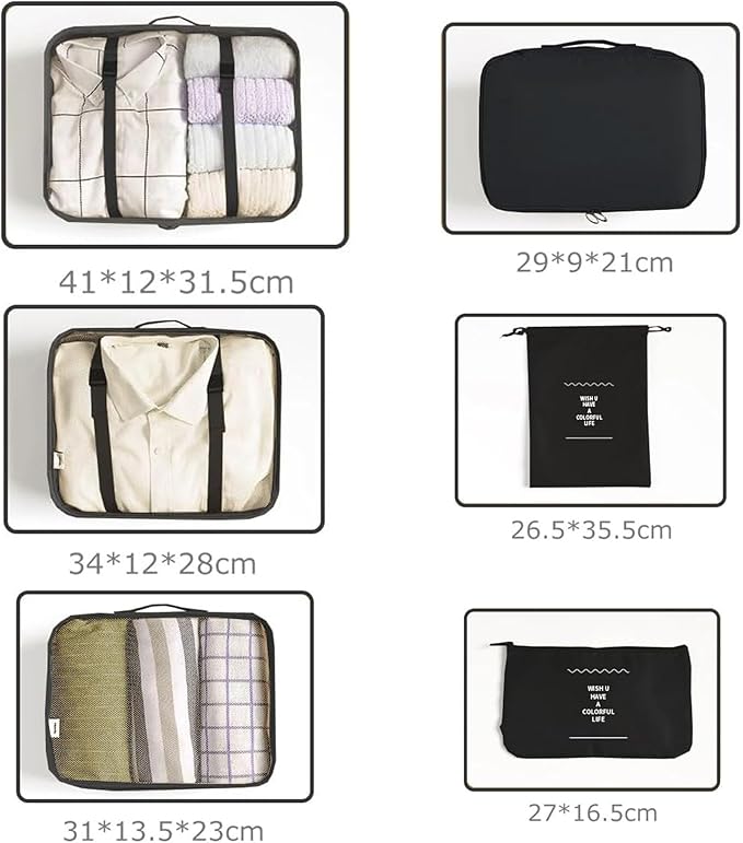 LANSKLBD 6 Set Packing Cubes for Travel, Luggage Organizers with Shoe & Toiletry Bags, Lightweight Suitcase Organizer for Carry-On, Washable Laundry Bags (Black)