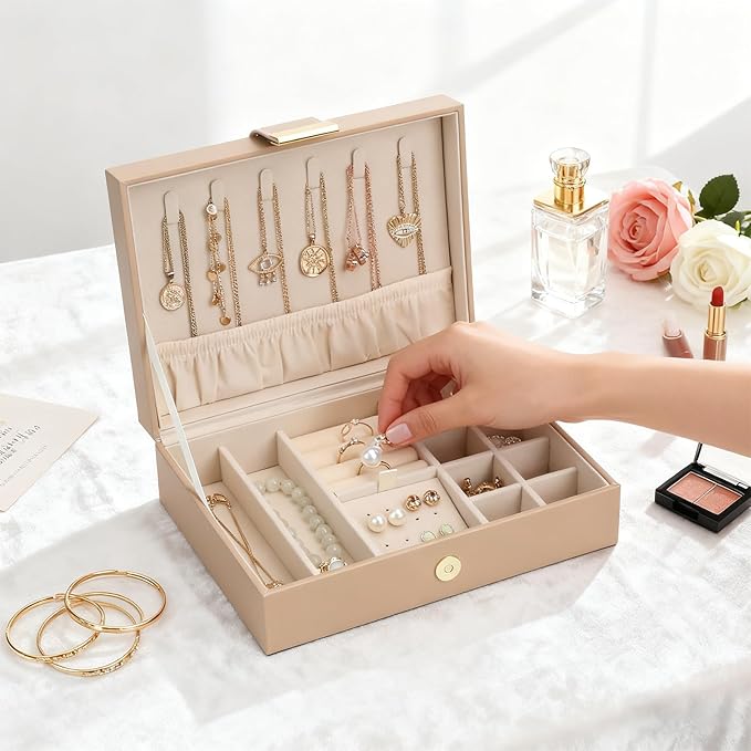 Leather Jewelry Box Elegant Small Jewelry Chest for Women Gift Box for Necklace, Ring, Earring Storage Portable Design for Travel Home Use Apricot