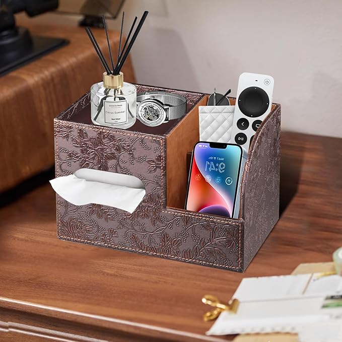 Leather Square Tissue Box Cover with Storage Tray,Cube Tissue Box Holder,Modern Facial Paper Organizer with Remote Control Holder for Bathroom,Vanity Countertop,End Table NightStand Home Office