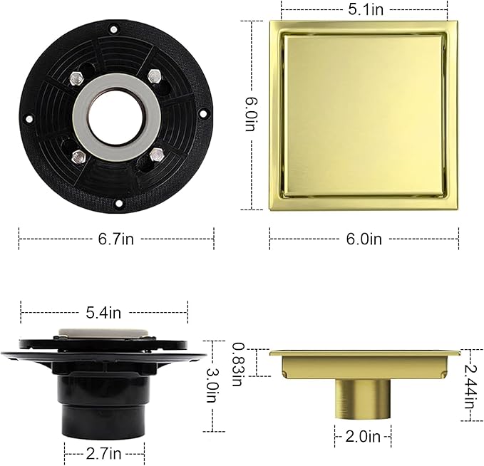 6 Inch Square Shower Floor Drain, Shower Drain Kit with Flange and 2 in 1 Tile-Insert Cover, Square Shower Drain, SUS 304 Stainless Steel Floor Drain,Brushed Gold