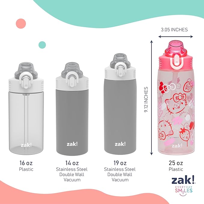 Zak Designs Sanrio Sage Water Bottle For School or Travel, 25oz Durable Plastic Water Bottle With Straw, Handle, and Leak-Proof, Pop-Up Spout Cover (Hello Kitty)