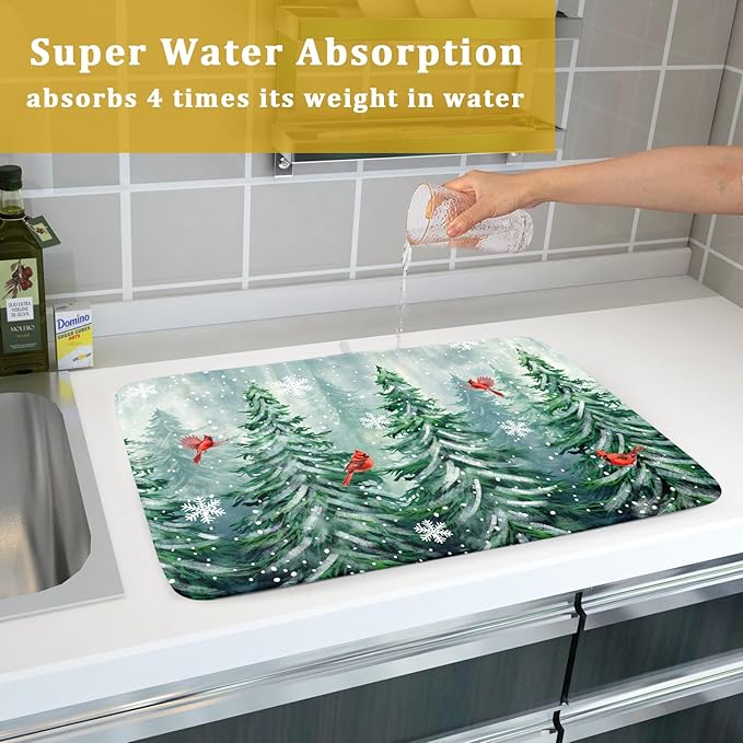 Welcome Winter Pines Tree Dish Drying Mat, Winter Snowflake Dish Drying Mat for Kitchen Counter, Red Birds Absorbent Fast Dry Dish Drainer Mat Protector Xmas Microfiber Dish Drying Pad 16"x18"