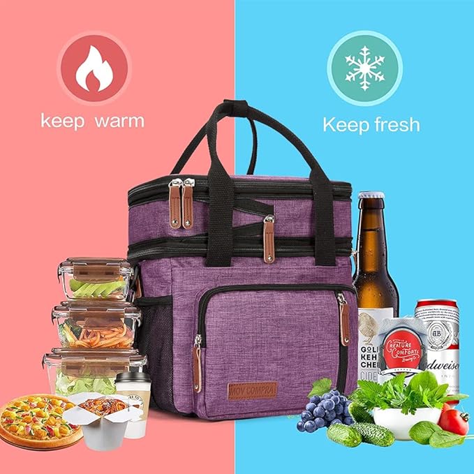 MOV COMPRA Purple Lunch Bag Women, Expandable Insulated Lunch Box for Work, Large Lunch Bag Leakproof Lunch Box Cooler Bag(Purple)
