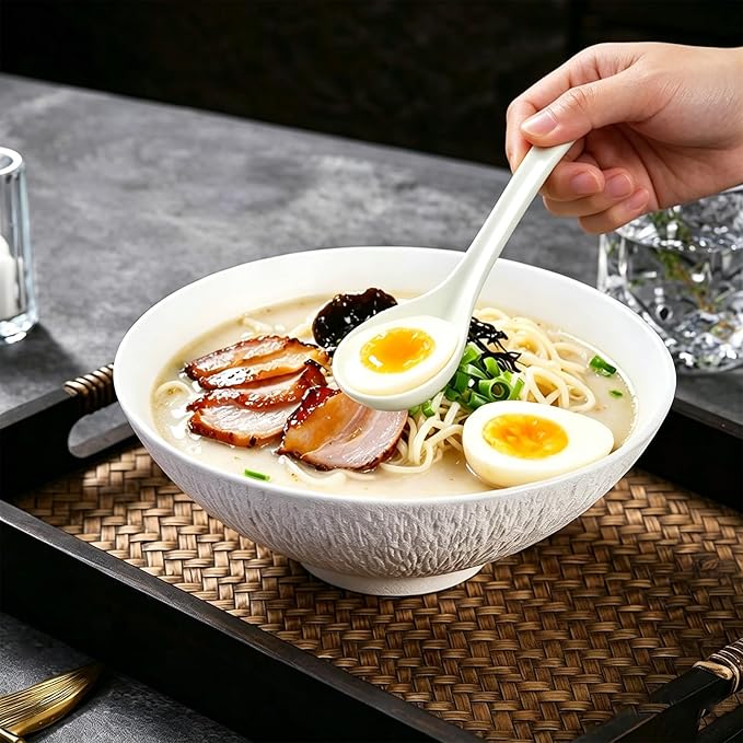 Soup Spoons,6.3"Ceramic Asian Soup Spoons, White Japanese Spoon Large for Ramen Pho Wonton Dumpling Miso,Hook Design, Set of 5