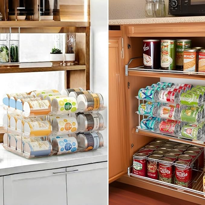 Can Organizer for Pantry, 3 Sets 4 Tiers Can Storage Organizer Pantry, Soda Can Organizer for Fridge 48 Cans Rack Automatic Rolling Stackable Canned Food Organizer, Clear