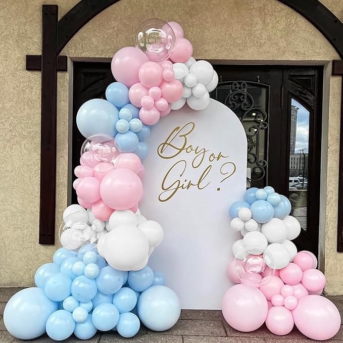 Pink and Blue Balloons Garland Arch Kit,Gender Reveal Balloon,Pink Blue White Clear Party Latex Balloons with 18/12/5 Inch Different Sizes for Gender Reveal Birthday Baby Shower Wedding Anniversary