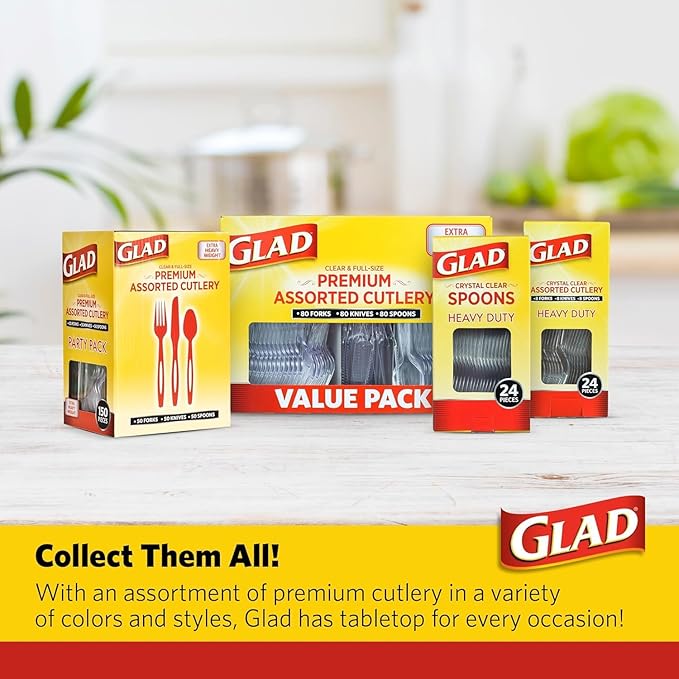 Glad Assorted Plastic Cutlery Set | Extra Heavy Duty Red Forks, Knives, and Spoons | 1,152 Count Set of Disposable Party Utensils, Sturdy Cutlery