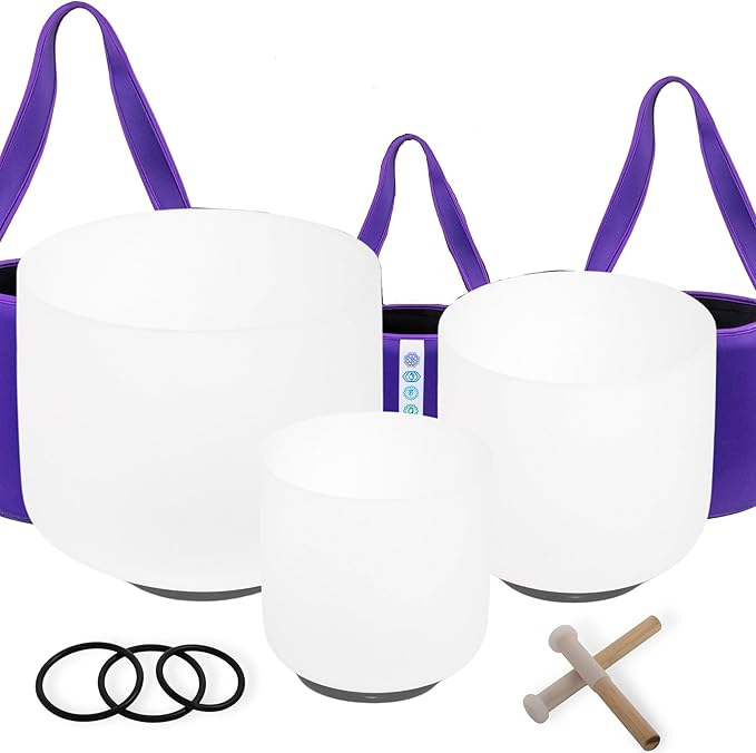 7inch 8inch 9inch Crystal singing bowls set sound bowl for healing Mindfulness, Meditation, Yoga, Spiritual and Body Healing Chakra Bowl (7F+8C+9D, 440hz 7-9"with soft bag)